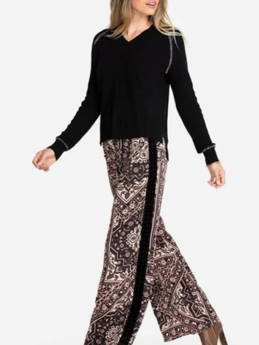 Johnny Was Ophelia Women Silk Print Velvet Mix Media Lounge Pajama Wide Pants XS